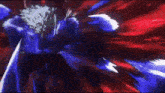 a blue and red background with a person in the middle of it