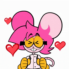 a pink and yellow cartoon character with hearts around her
