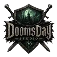 a logo for doomsday studio with two crossed swords on a shield