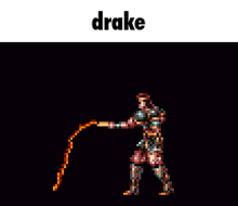 a video game character is holding a whip and the word drake is on the bottom