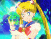 a cartoon of sailor moon holding a wand with a crescent moon on it