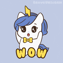 a cartoon drawing of a unicorn with the word wow on it