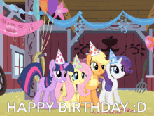 a group of ponies wearing party hats are standing in front of a sign that says happy birthday : d