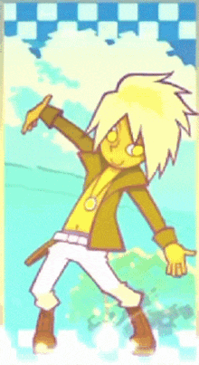 a cartoon character with a yellow shirt and white pants is dancing