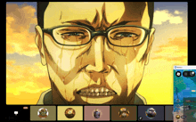 a computer screen shows a cartoon of a man with glasses and a skype window open