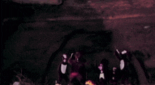 a group of people in monkey costumes sitting around a fire