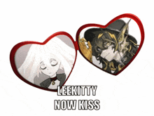 a couple of heart shaped mirrors with the words leekitty now kiss