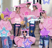 a group of young men in pink hoodies are posing for a picture with the names alex woonhak and sungho