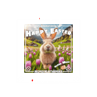 a happy easter card with a bunny in a field of flowers