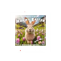 a happy easter card with a bunny in a field of flowers