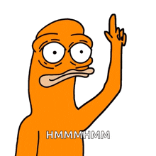 an orange cartoon character is pointing up with the words hmmhmm written below him