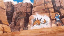 a man is standing next to a pokemon in a cartoon .
