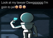 a cartoon drawing of a toilet with the caption look at my lawyer dawg