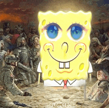 a painting of spongebob in front of soldiers