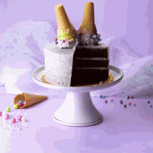 a cake with two ice cream cones on top is on a white plate