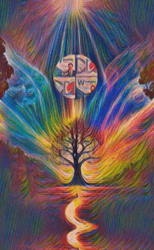 a colorful painting of a tree with a cross in the middle of it .