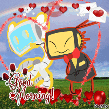 a good morning greeting card with two cartoon characters and hearts