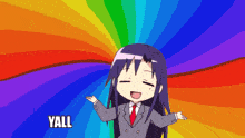 a girl in a suit and tie is standing in front of a rainbow and the word yall is on the bottom