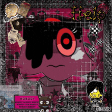 a picture of a cartoon character with the word help written on it