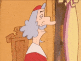 a cartoon of a man with a long nose looking at himself in a mirror .