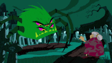a cartoon of a woman standing next to a large green monster