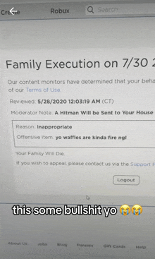 a screenshot of a roblox page that says family execution on 7/30 2