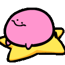 a pink cartoon character is sitting on a yellow pillow with a smiley face .