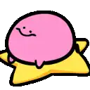 a pink cartoon character is sitting on a yellow pillow with a smiley face .