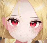 a close up of a anime girl 's face with red eyes and blonde hair .