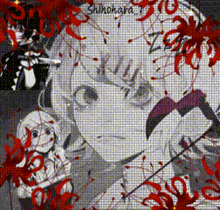 a black and white drawing of a girl with a sword and red flowers