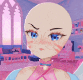 a bald anime girl with glasses and a pink top