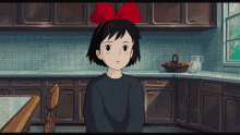 a cartoon girl with a red bow on her head is sitting in a kitchen