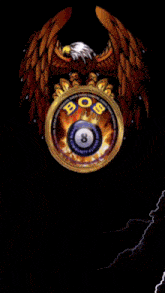 a drawing of an eagle surrounded by clouds with a lightning bolt behind it