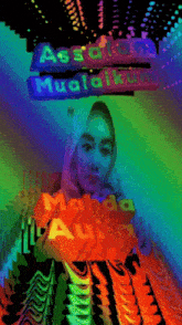 a woman in a hijab stands in front of a rainbow colored background with the words assala mudaikum visible