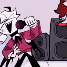 a cartoon character is singing into a microphone while a woman stands behind him .