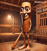 a cartoon character is holding a baseball bat in front of a sign that says " pentong pos ron "