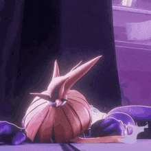 a cartoon character is laying on a purple surface