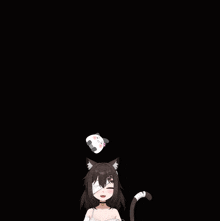 a girl with a cat ear is standing in front of a stuffed animal that looks like a panda
