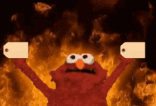 elmo is holding two tags in front of a fire