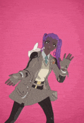 a cartoon drawing of a girl with purple hair and a jacket