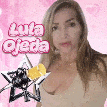a woman is standing next to a microphone with the name lula ojeda on the bottom