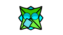 a cartoon drawing of a green and blue geometric object with a face on a white background .