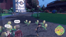 a video game screen shows a man talking to a group of flowers and the words " grampal " in a speech bubble