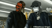 a cartoon of a man wearing a mask and a skeleton wearing sunglasses with the caption maleficus origin on the bottom