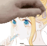 a girl with blue eyes is holding a toothbrush in her hand