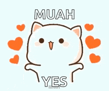 a cute cartoon cat is surrounded by hearts and says muah yes .