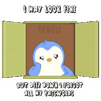 a penguin is looking out of an open window with the words " i may look fine but deep down i forgot all my passwords "