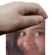 a hand is touching a woman 's forehead in front of a picture of her face .