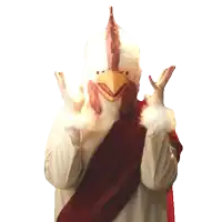 a person dressed in a chicken costume with a chicken head
