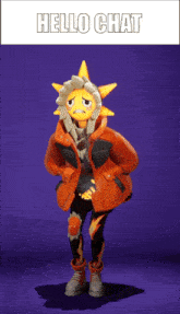 a cartoon character with a sun on his head and the words hello chat below him